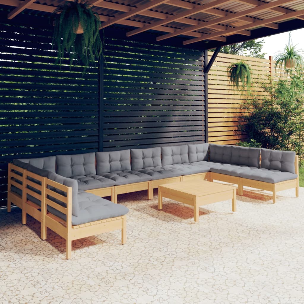 11Pcs conjunto lounge de jardim + almofadões cinza pinho maciço