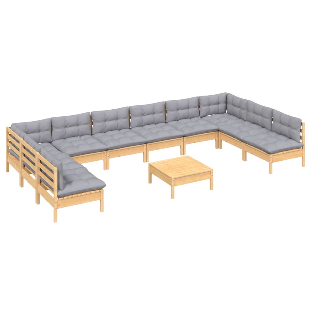 11Pcs conjunto lounge de jardim + almofadões cinza pinho maciço