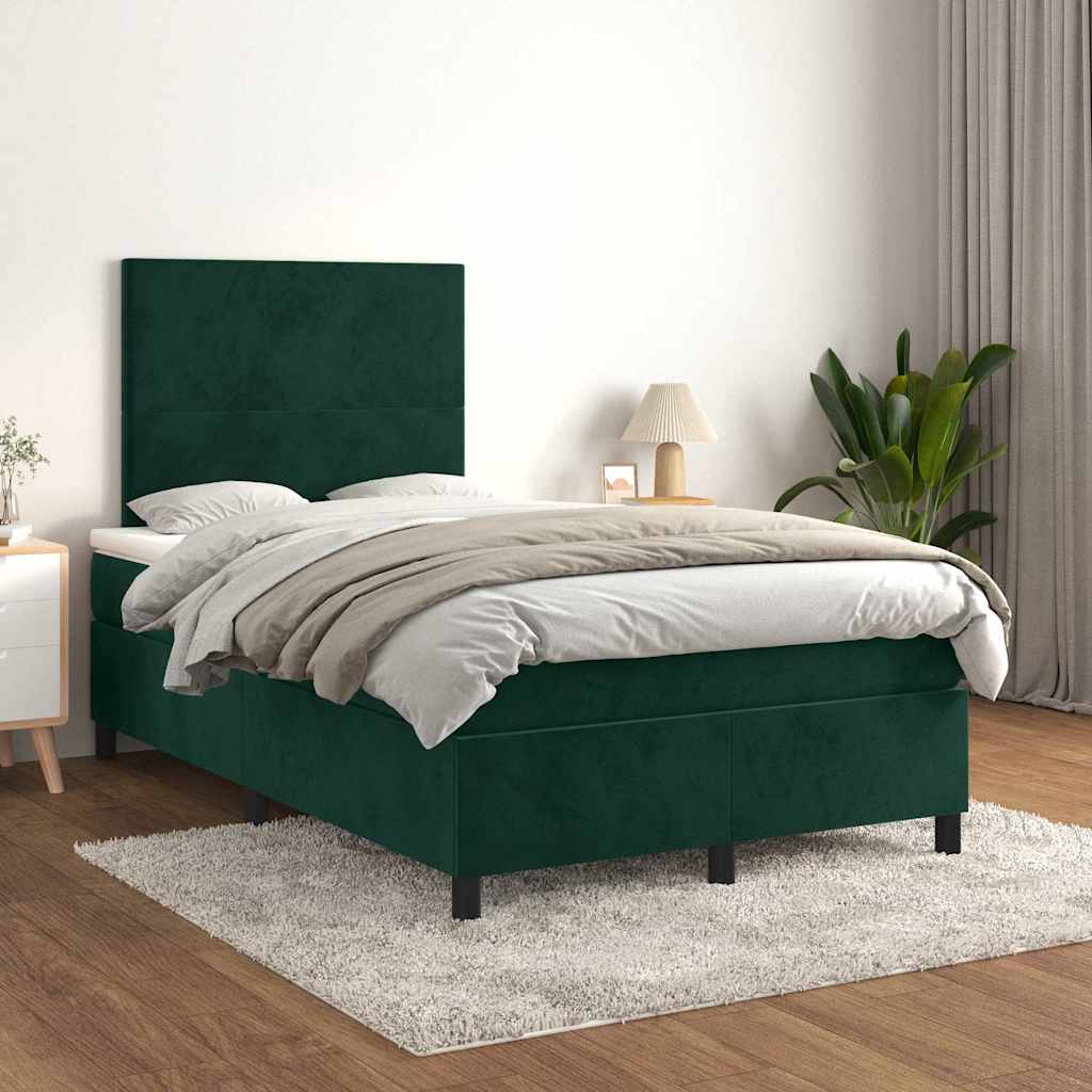 Cama boxspring com colchão 120x200 cm veludo verde-escuro