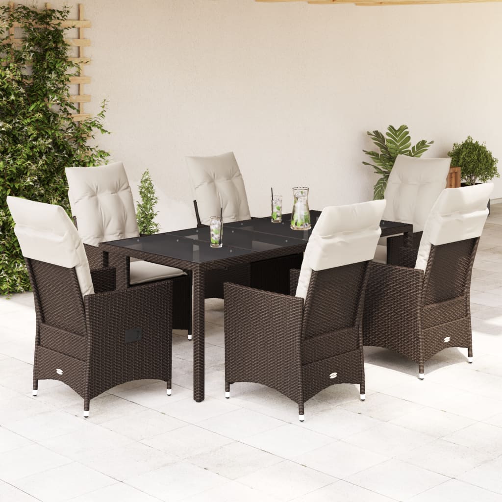 7 Pcs conjunto jantar p/ jardim c/ almofadões vime PE castanho