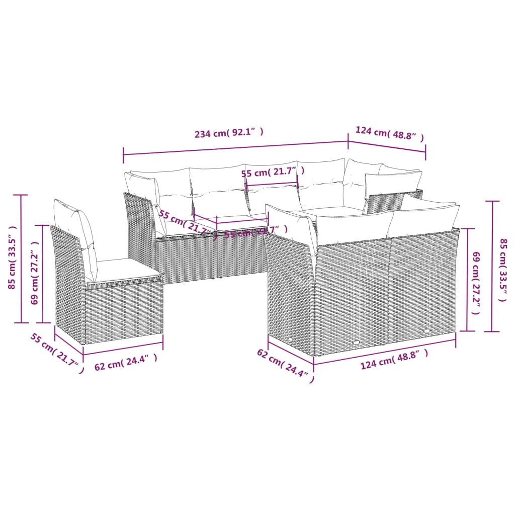 8 Pcs conjunto sofás de jardim c/ almofadões vime PE castanho