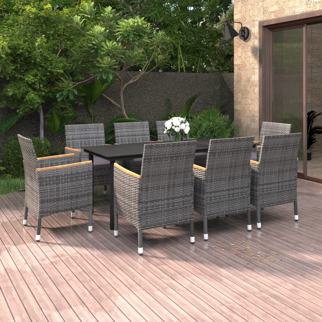 9 Pcs conjunto jantar jardim c/ almofadões vime PE e vidro
