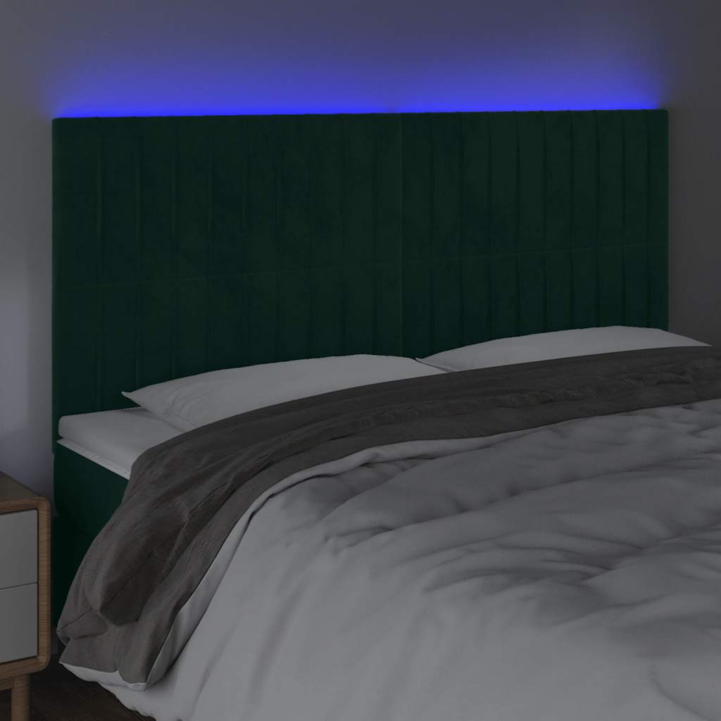 Cabeceira de cama c/ LED veludo 160x5x118/128 cm verde-escuro