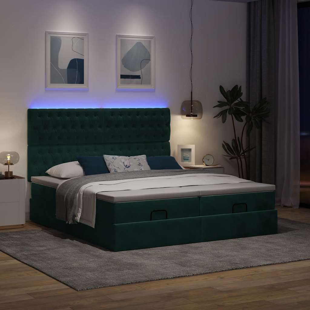 Estrutura de cama otomana com colchão verde escuro veludo