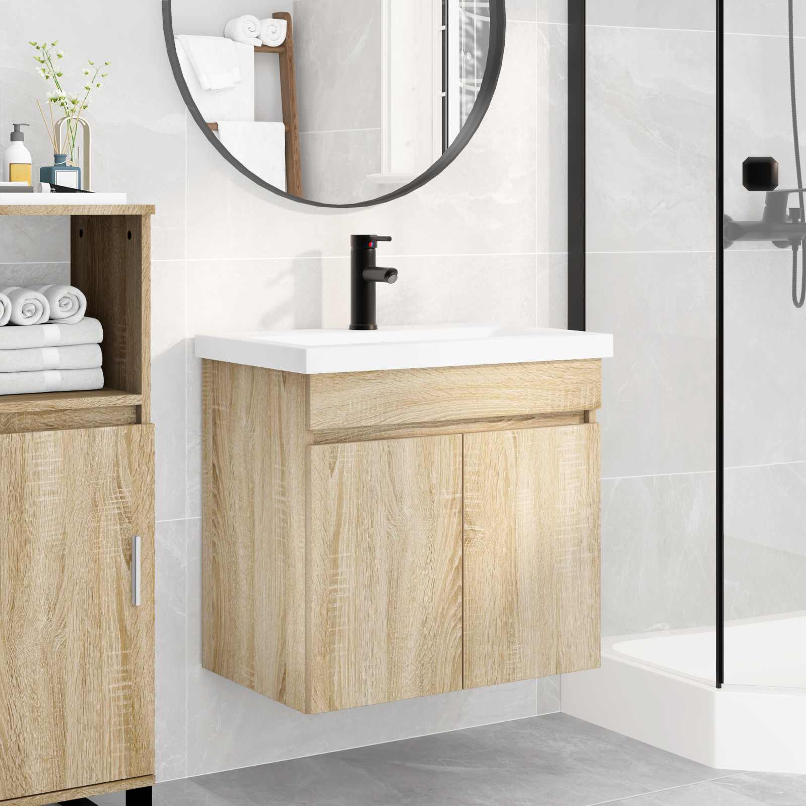 Conjunto de móveis de banheiro com torneira carvalho sonoma
