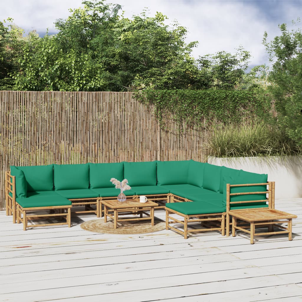 12 Pcs conjunto lounge de jardim bambu c/ almofadões verdes