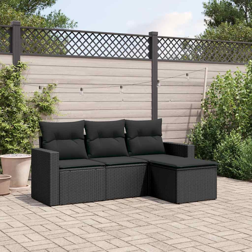 4 Pcs conjunto de sofás para jardim c/ almofadões vime PE preto
