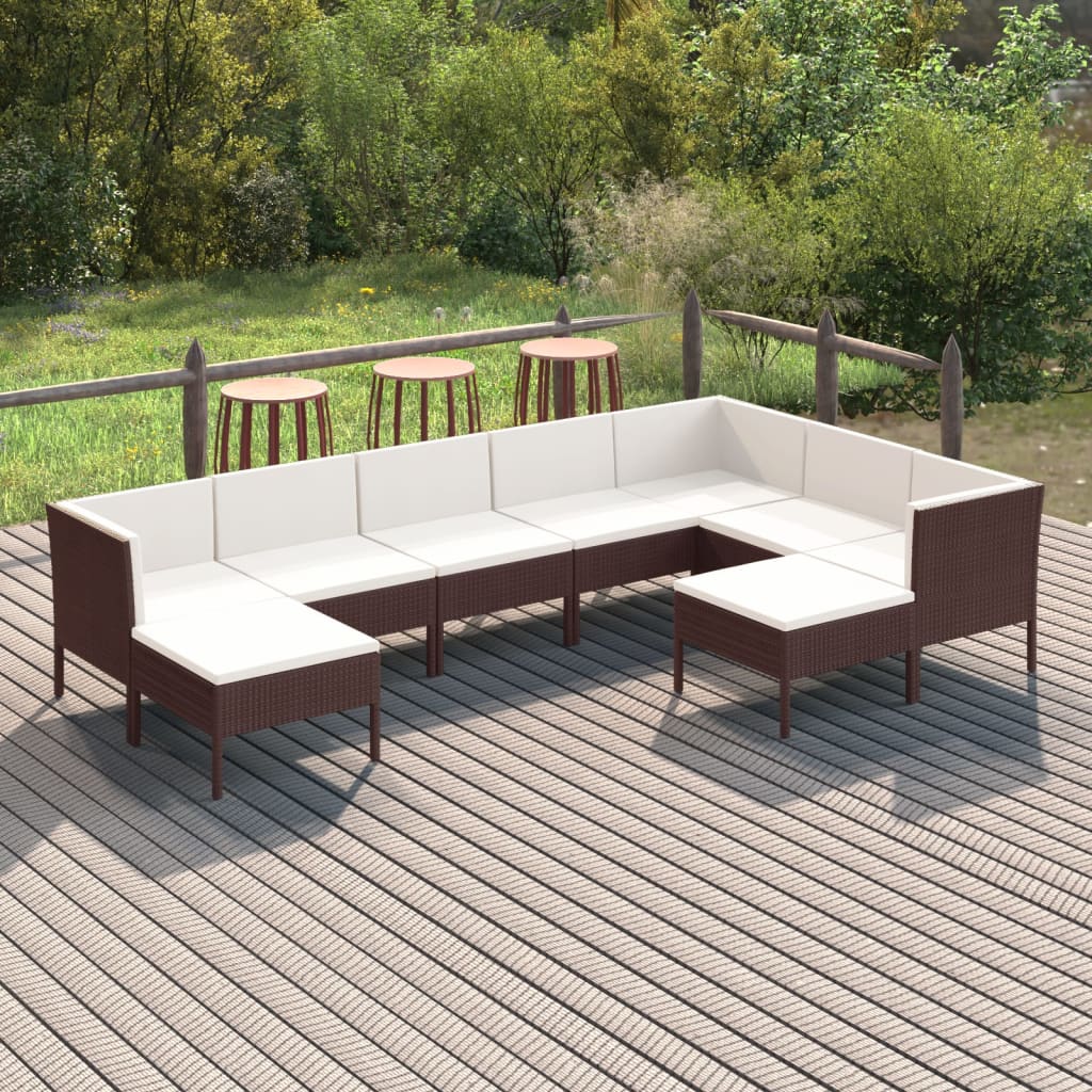 9 Pcs conjunto lounge jardim c/ almofadões vime PE castanho