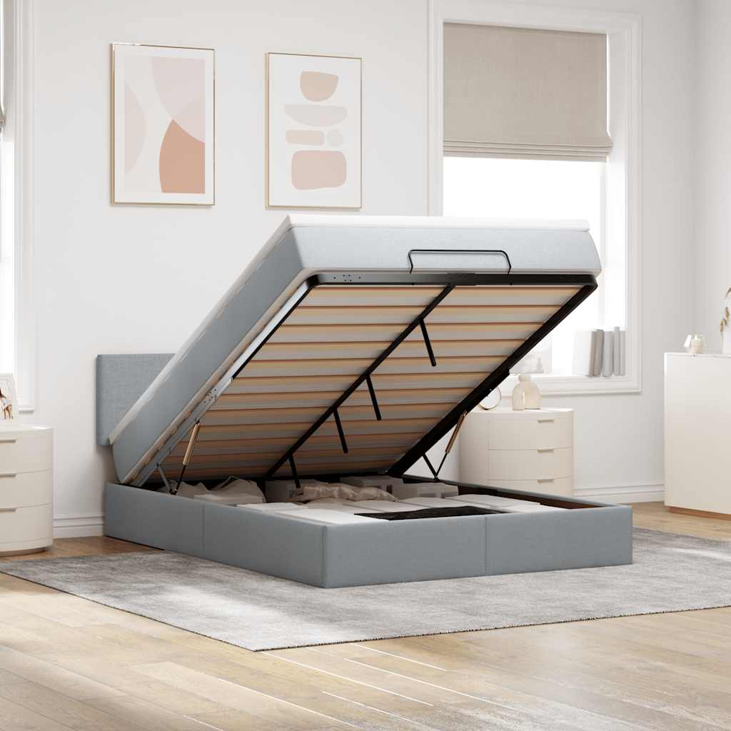 Estrutura cama otomana colchão 140x200cm tecido cinzento claro