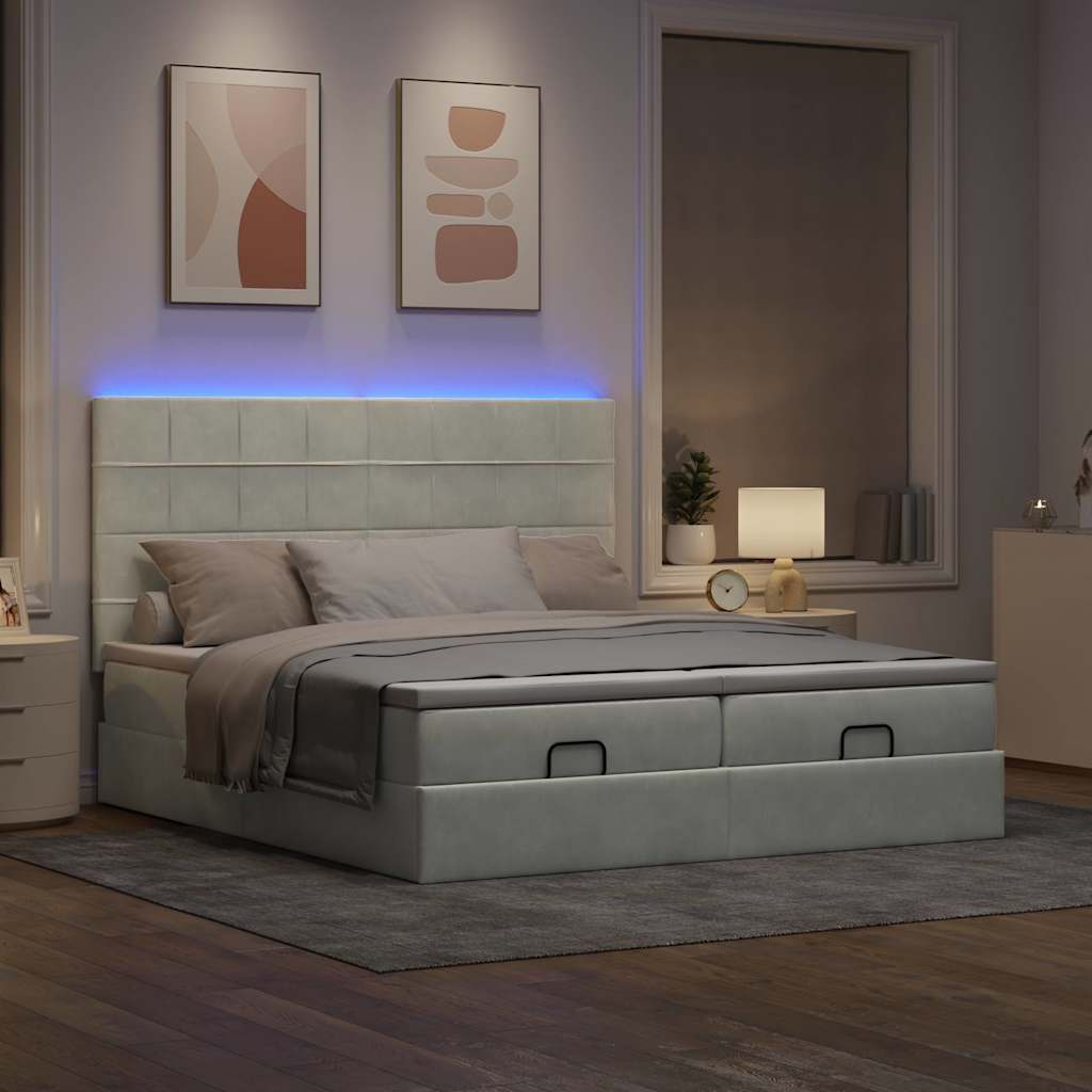 Estrutura cama otomana colchões 200x200cm veludo cinzento claro