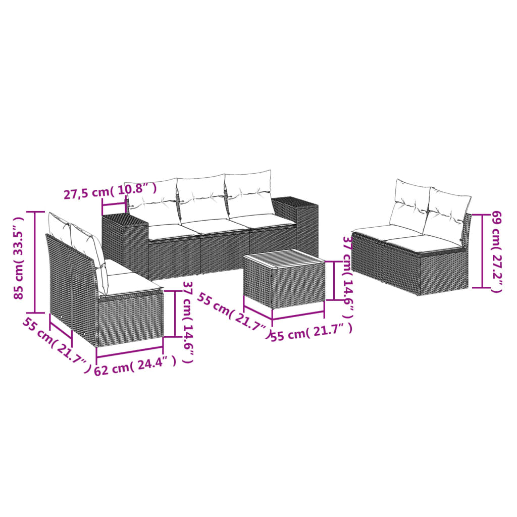 8 Pcs conjunto sofás de jardim com almofadões vime PE preto