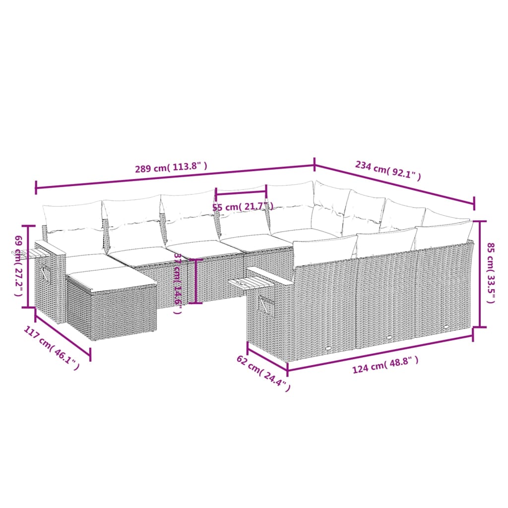 11 Pcs conjunto sofás de jardim c/ almofadões vime PE preto