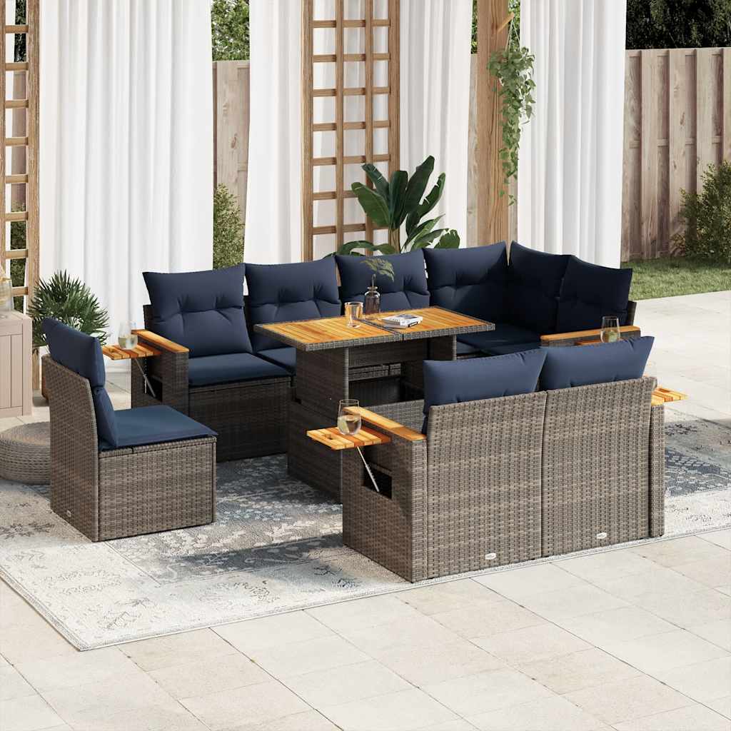 9 Pcs conjunto sofás jardim almofadões vime PE/acácia cinzento
