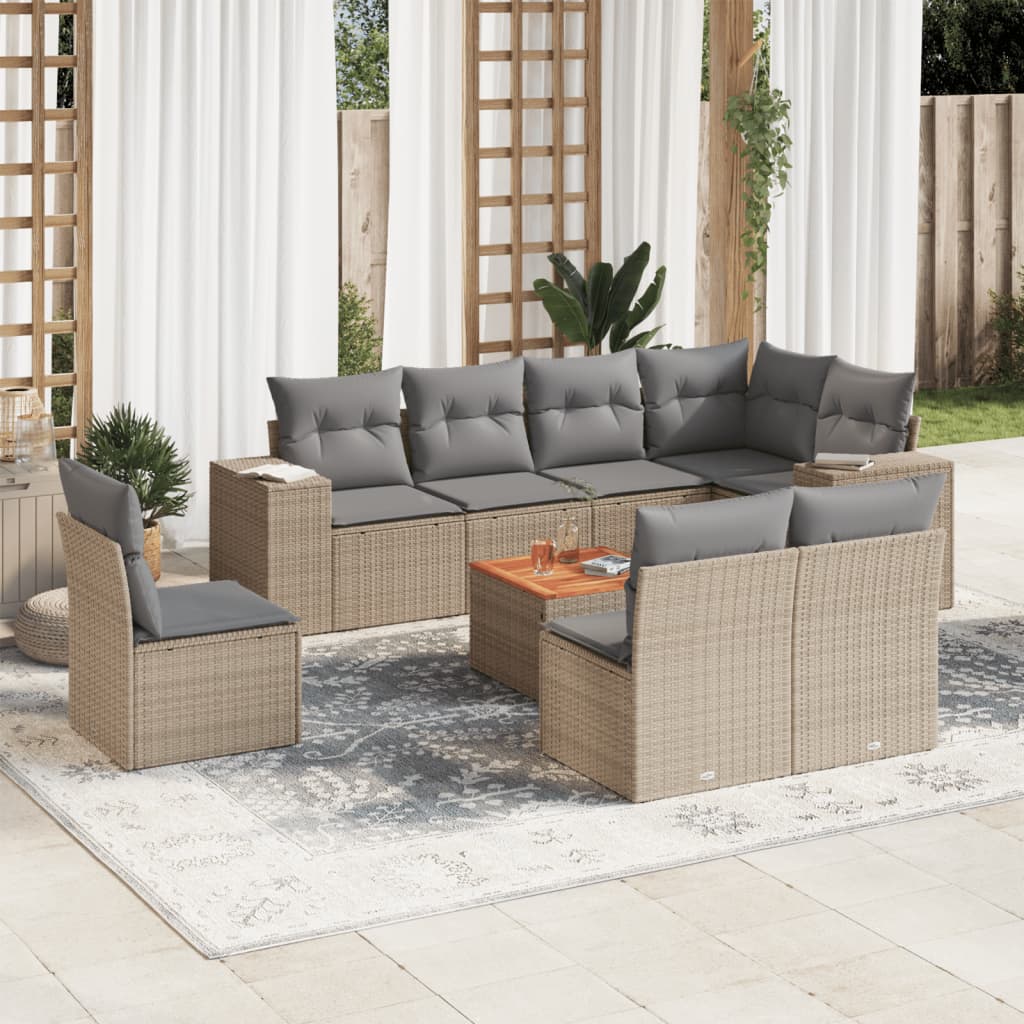 9 Pcs conjunto de sofás p/ jardim com almofadões vime PE bege