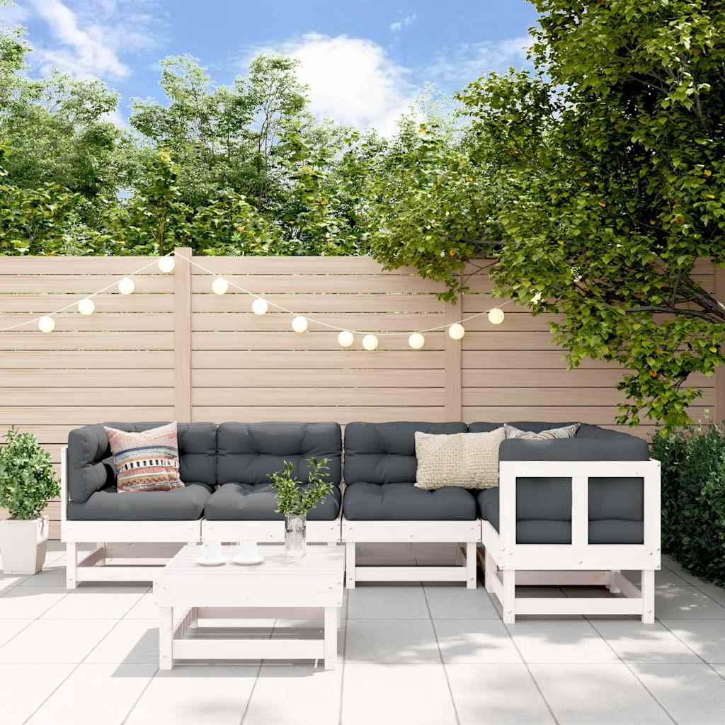 6Pcs conjunto lounge jardim c/ almofadões madeira maciça branco