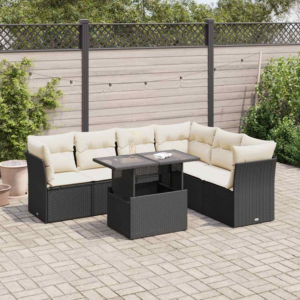 7 Pcs conjunto de sofás p/ jardim c/ almofadões vime PE preto