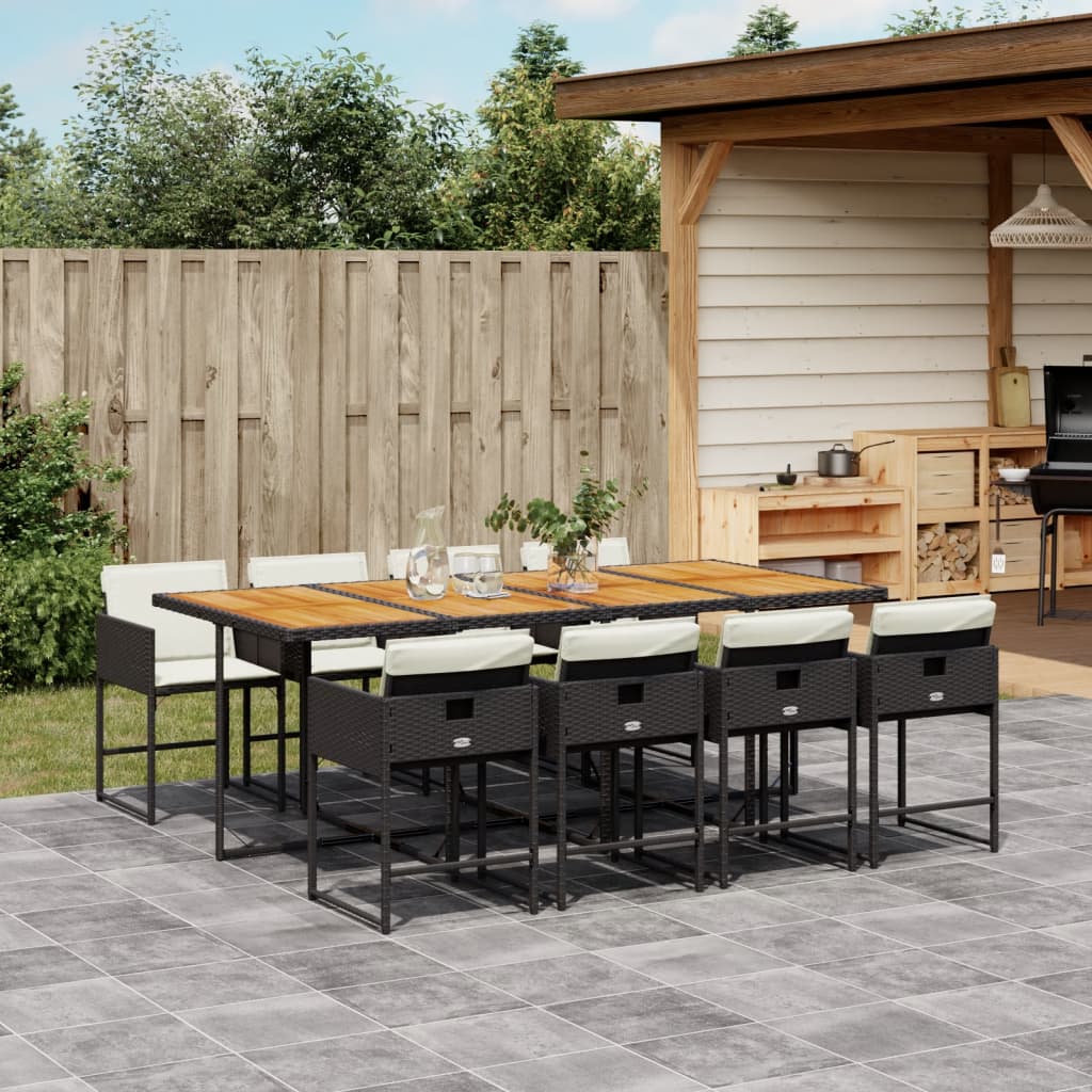 9 Pcs conjunto de jantar p/ jardim c/ almofadões vime PE preto