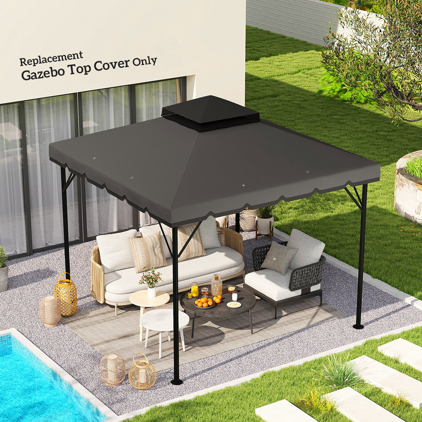 Toldo de substituição 3x3 m com teto duplo orifícios de drenagem e upf 30+ apenas toldo não inclui estrutura cinzento claro