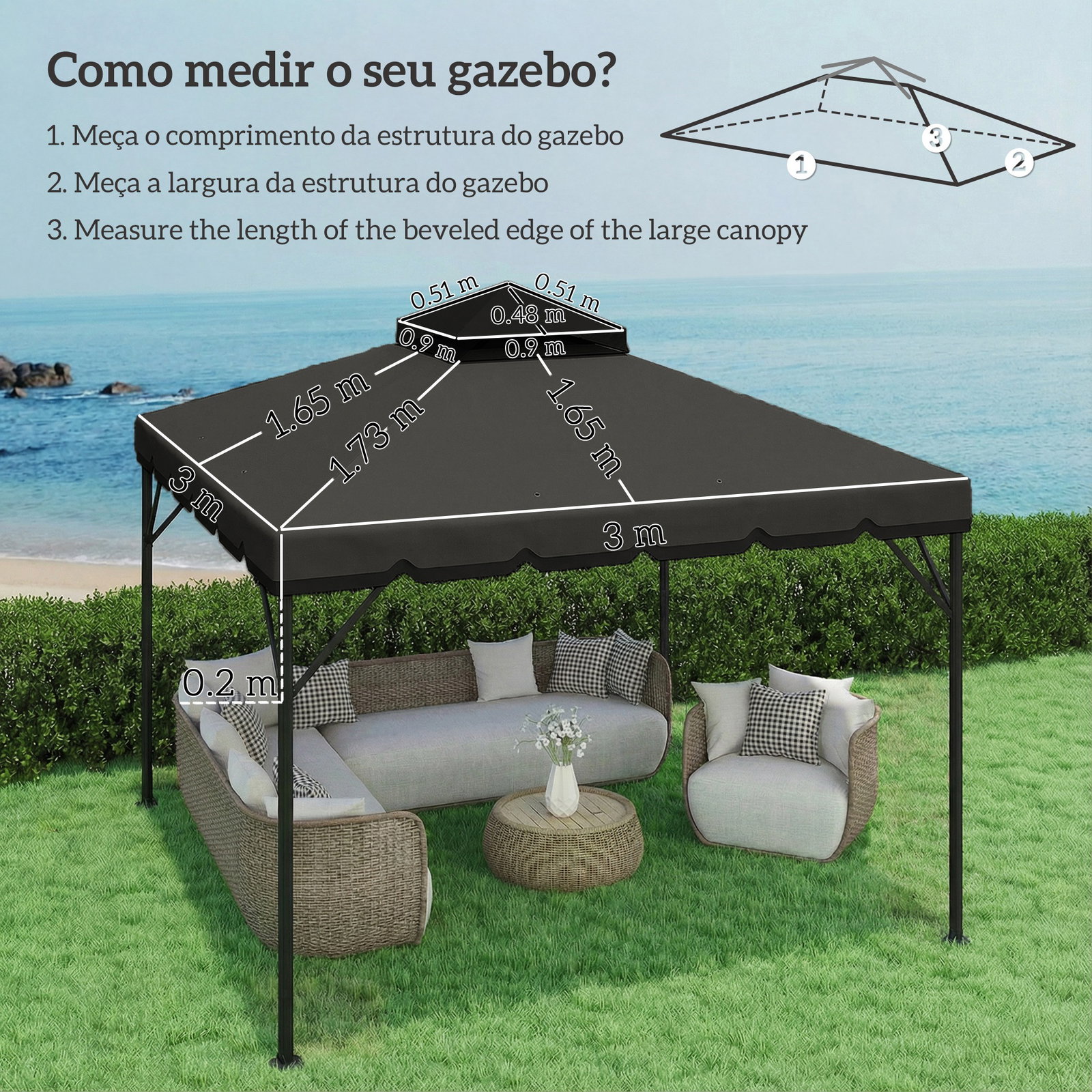 Toldo de substituição 3x3 m com teto duplo orifícios de drenagem e upf 30+ apenas toldo não inclui estrutura cinzento claro