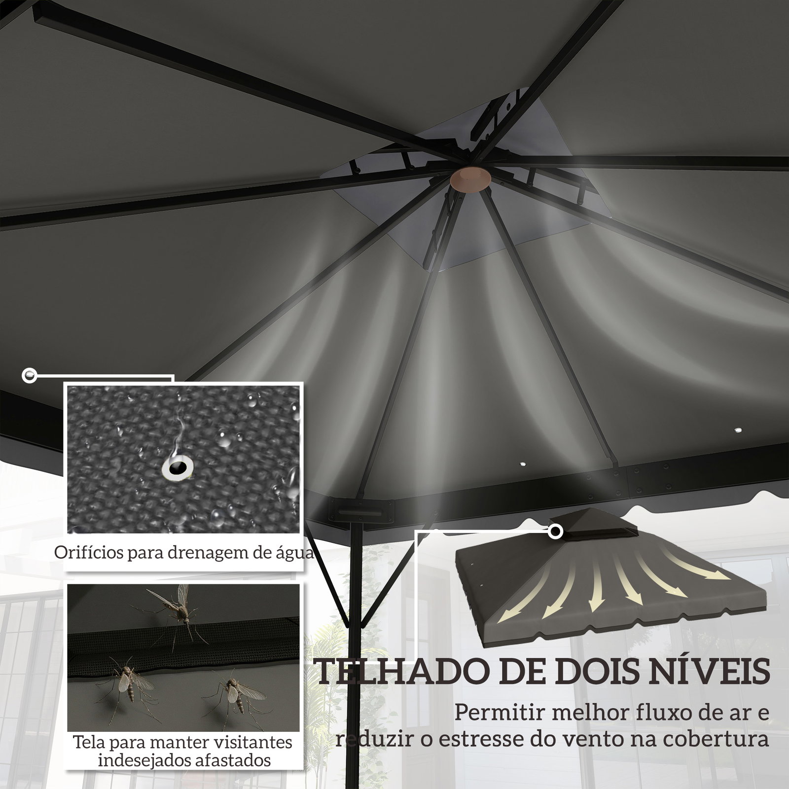 Toldo de substituição 3x3 m com teto duplo orifícios de drenagem e upf 30+ apenas toldo não inclui estrutura cinzento claro
