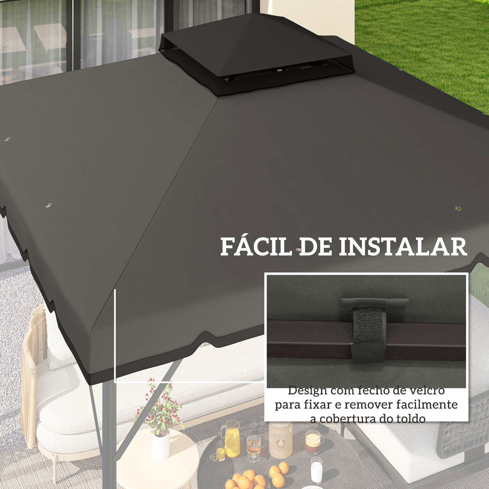 Toldo de substituição 3x3 m com teto duplo orifícios de drenagem e upf 30+ apenas toldo não inclui estrutura cinzento claro