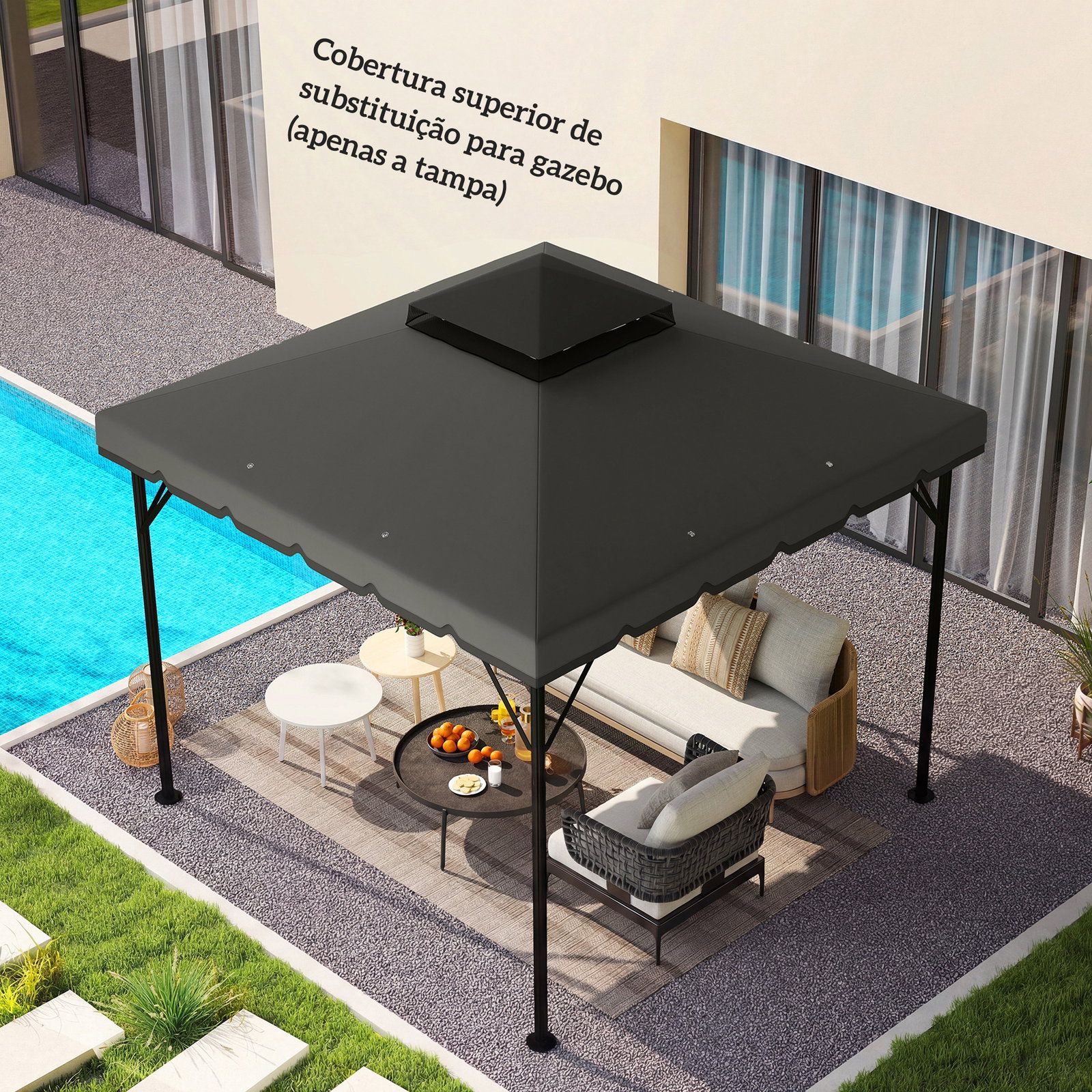 Toldo de substituição 3x3 m com teto duplo orifícios de drenagem e upf 30+ apenas toldo não inclui estrutura cinzento claro