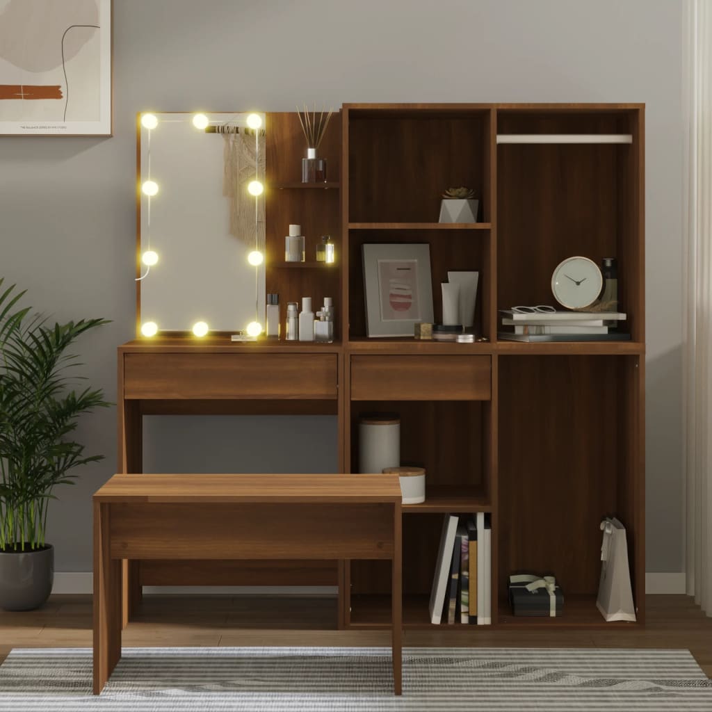 Conjunto toucador com leds madeira processada carvalho castanho