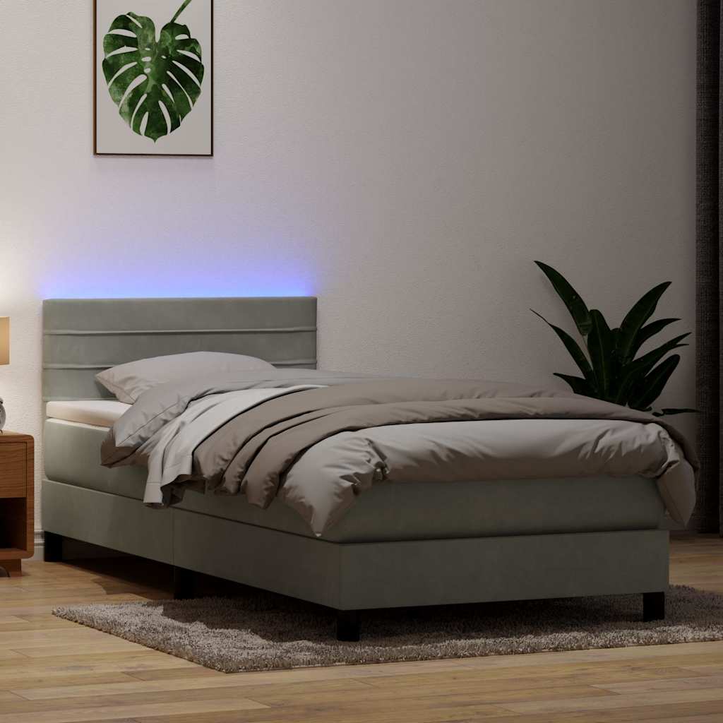 Cama box spring c/ colchão e LED cinzento-claro 80x220 cm veludo