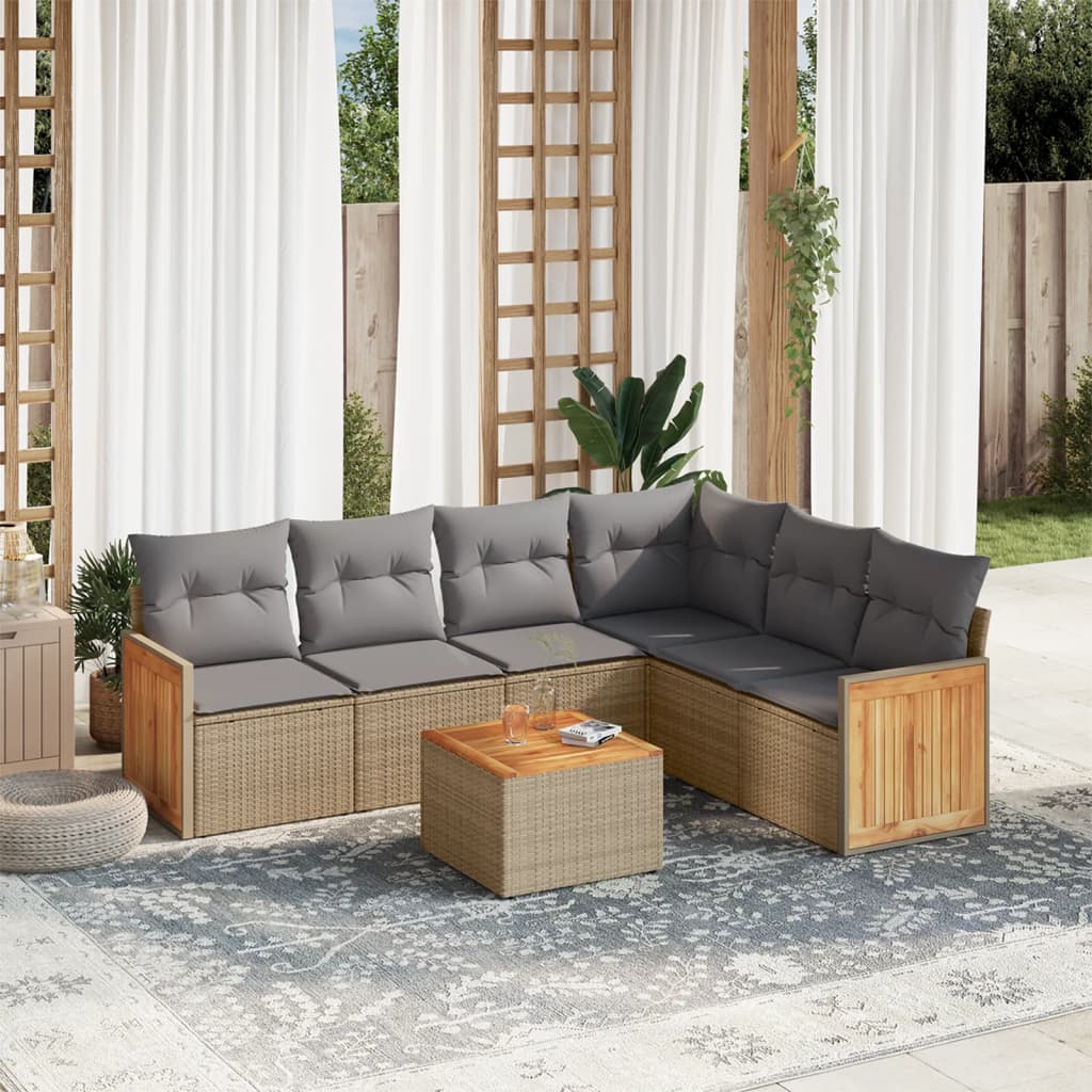 7 Pcs conjunto de sofás p/ jardim com almofadões vime PE bege