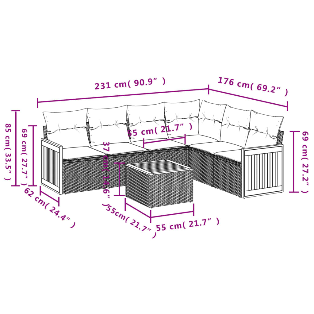7 Pcs conjunto de sofás p/ jardim com almofadões vime PE bege