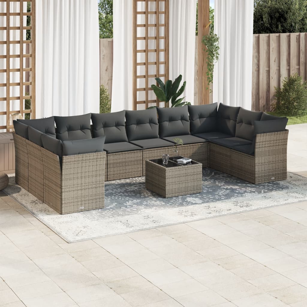 11 Pcs conjunto sofás de jardim c/ almofadões vime PE cinzento