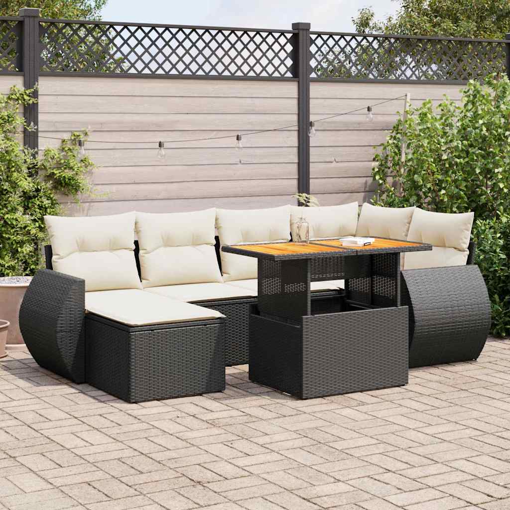 7 Pcs conjunto de sofás p/ jardim c/ almofadões vime PE preto
