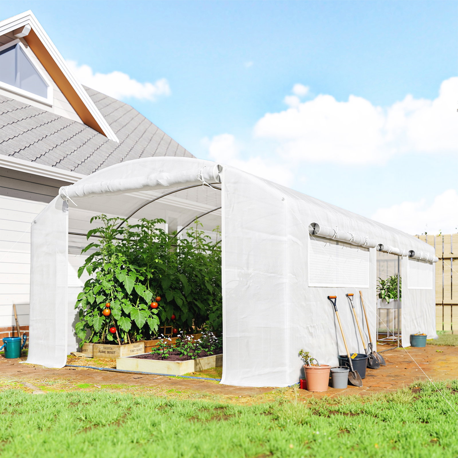 Estufa túnel 6x3x2 m com 3 portas enroláveis, 6 janelas com rede e estrutura de aço galvanizado branco
