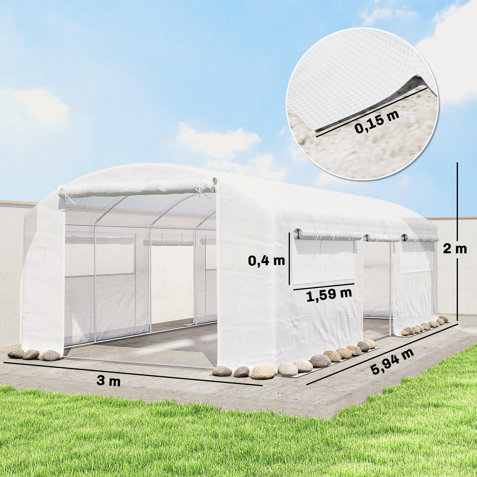 Estufa túnel 6x3x2 m com 3 portas enroláveis, 6 janelas com rede e estrutura de aço galvanizado branco