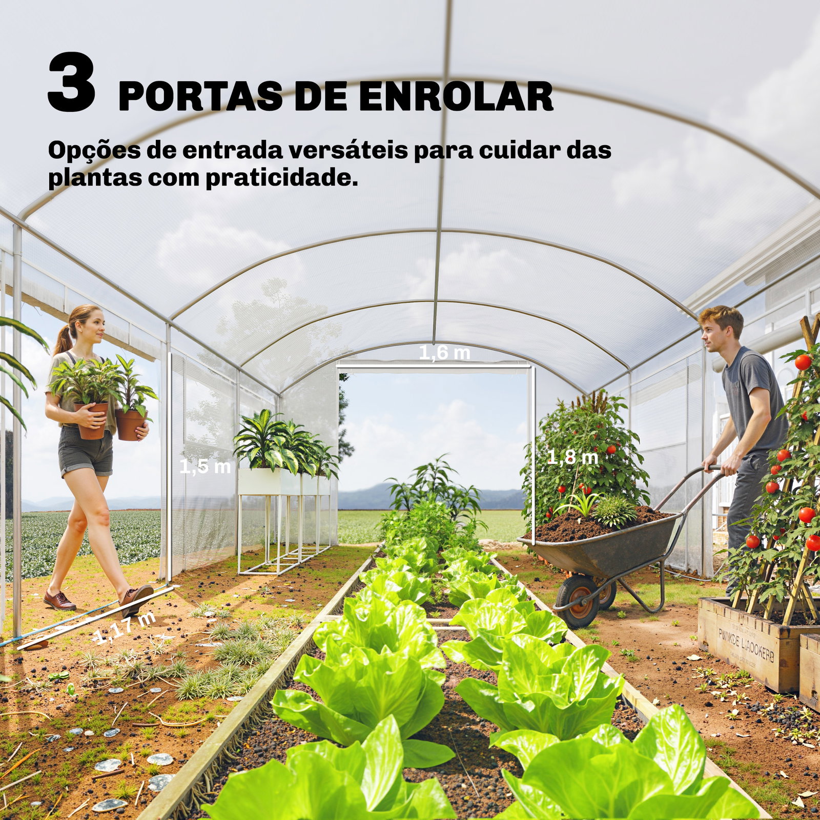 Estufa túnel 6x3x2 m com 3 portas enroláveis, 6 janelas com rede e estrutura de aço galvanizado branco