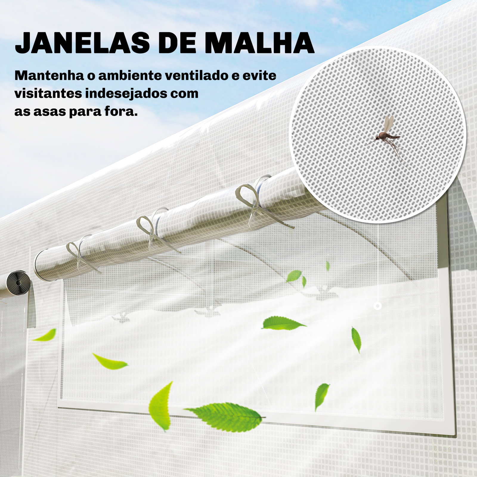 Estufa túnel 6x3x2 m com 3 portas enroláveis, 6 janelas com rede e estrutura de aço galvanizado branco