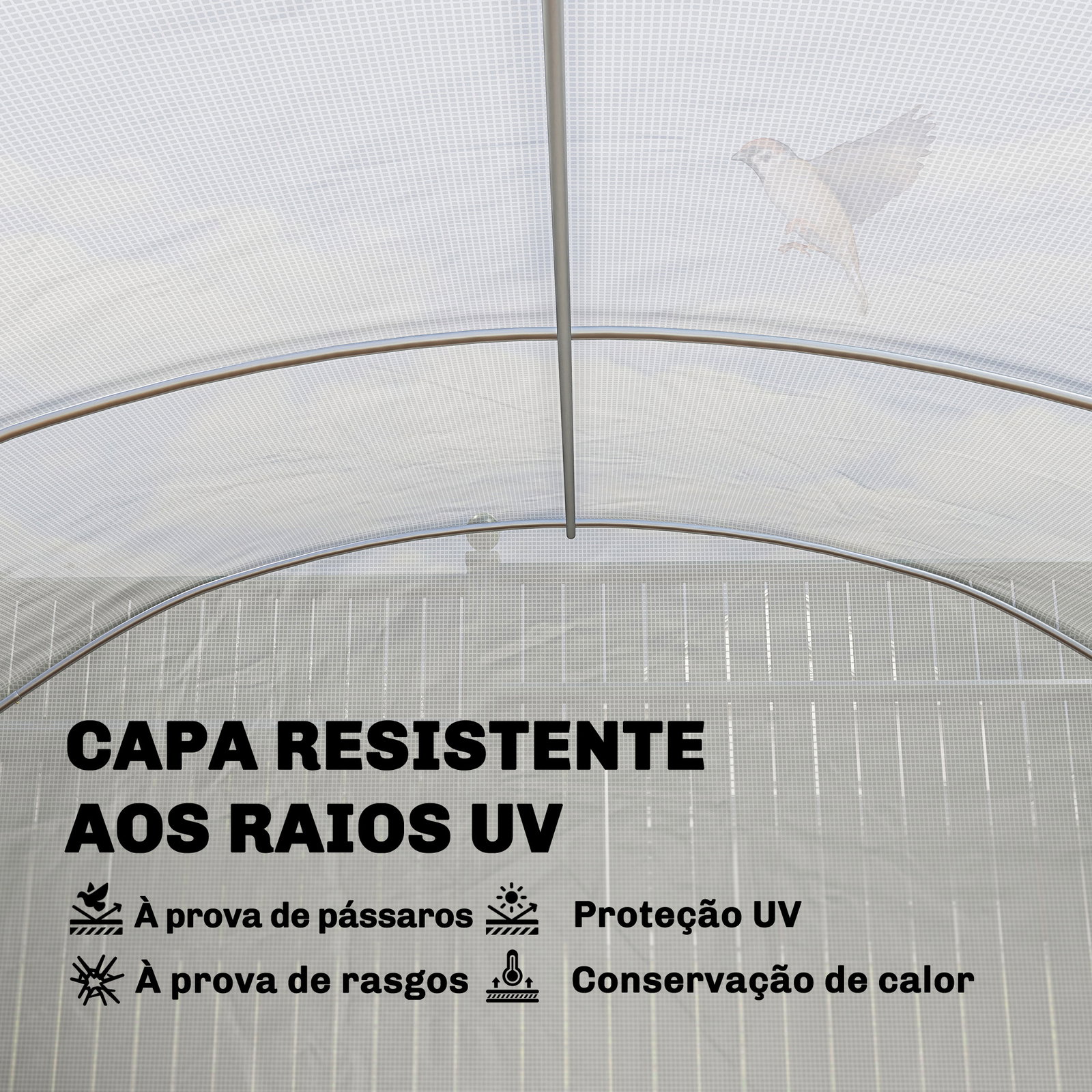 Estufa túnel 6x3x2 m com 3 portas enroláveis, 6 janelas com rede e estrutura de aço galvanizado branco