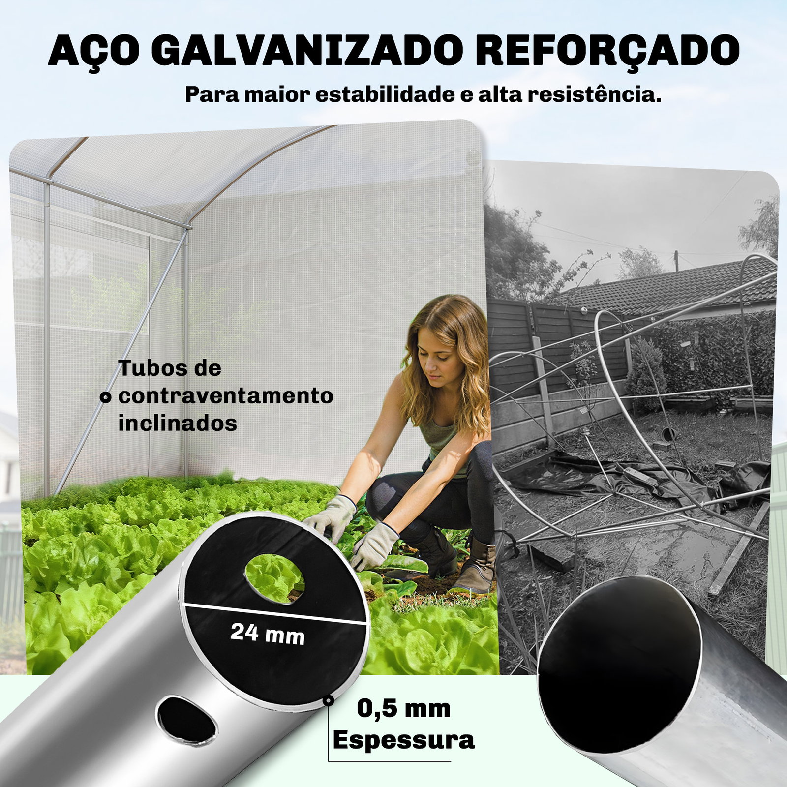 Estufa túnel 6x3x2 m com 3 portas enroláveis, 6 janelas com rede e estrutura de aço galvanizado branco