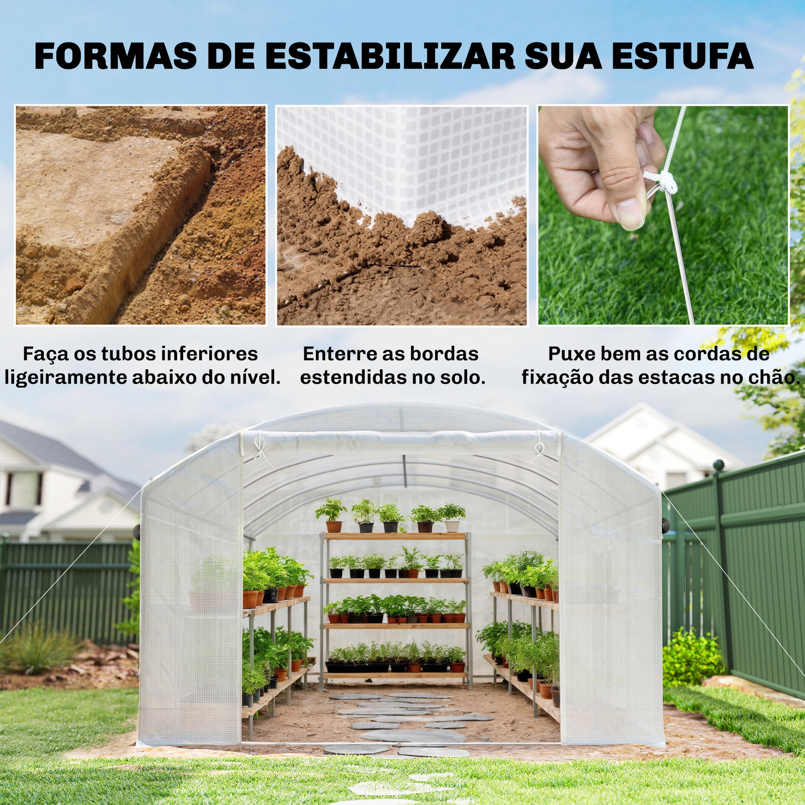 Estufa túnel 6x3x2 m com 3 portas enroláveis, 6 janelas com rede e estrutura de aço galvanizado branco
