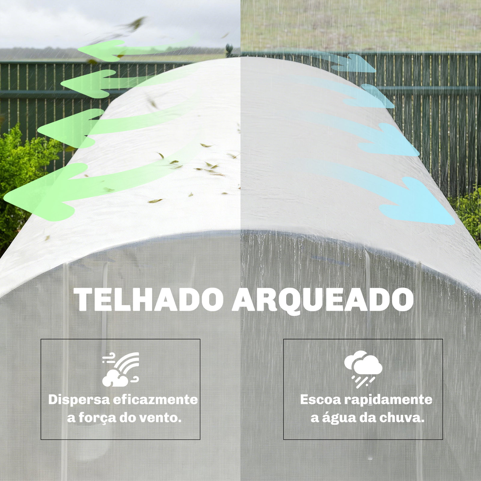 Estufa túnel 6x3x2 m com 3 portas enroláveis, 6 janelas com rede e estrutura de aço galvanizado branco