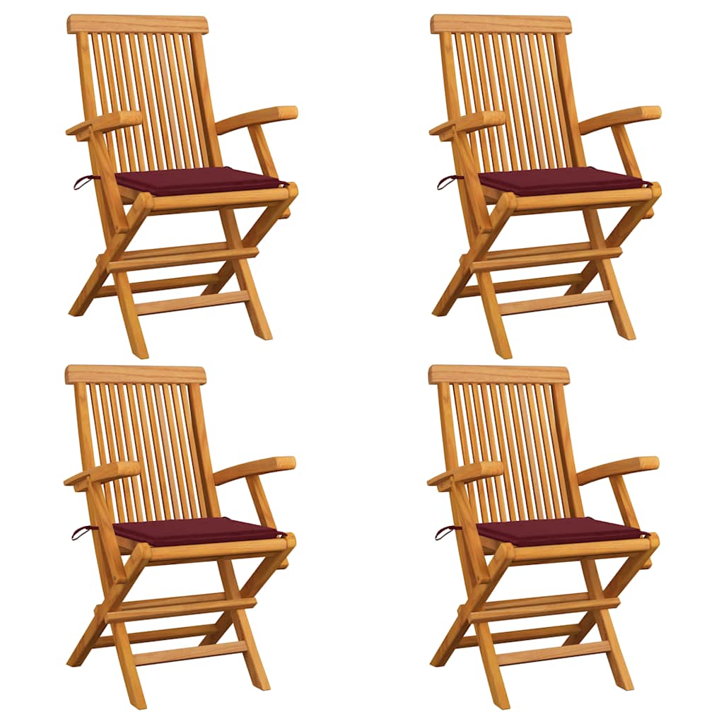 Cadeiras jardim c/ almofadões vermelho tinto 4 pcs teca maciça