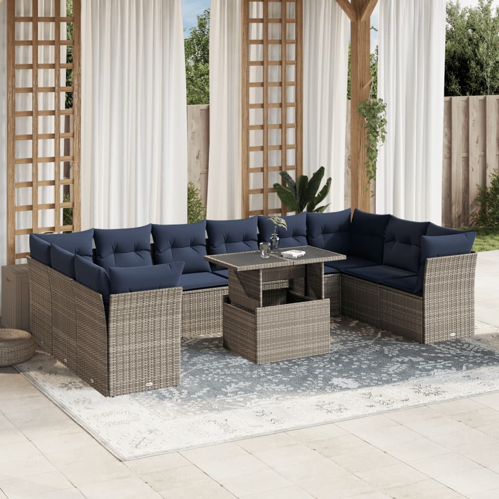 Conjunto de sofá de jardim com 11 peças e almofadas em rattan sintético cinza