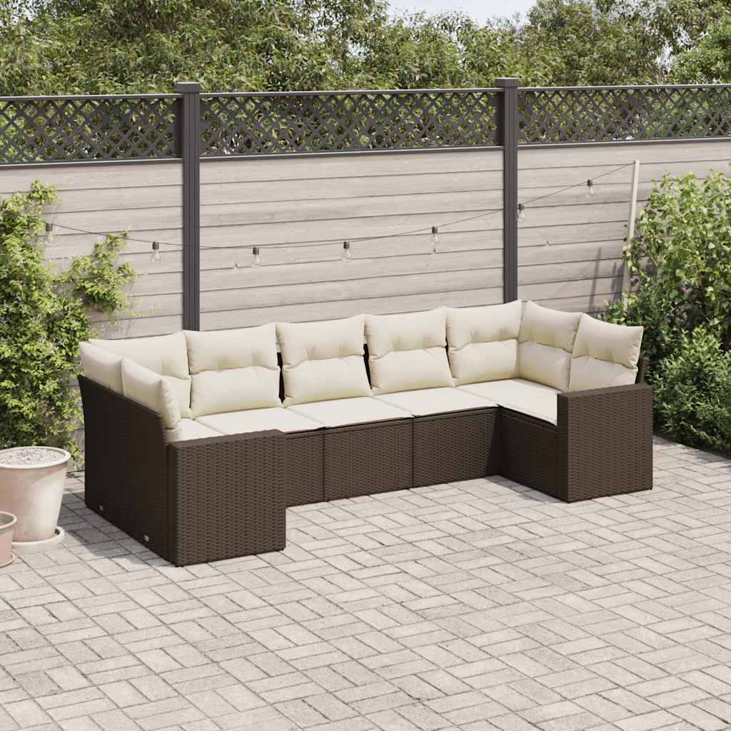 7 Pcs conjunto de sofás jardim c/ almofadões vime PE castanho