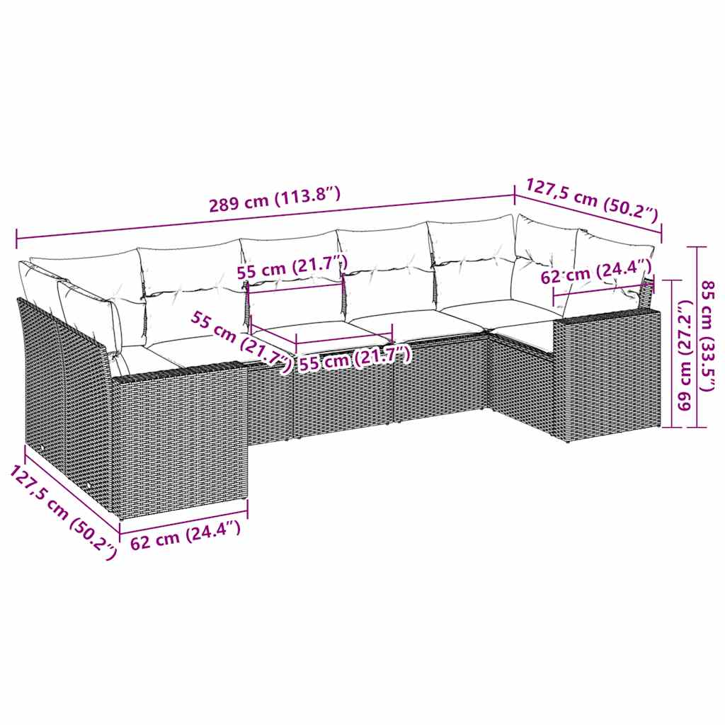 7 Pcs conjunto de sofás jardim c/ almofadões vime PE castanho