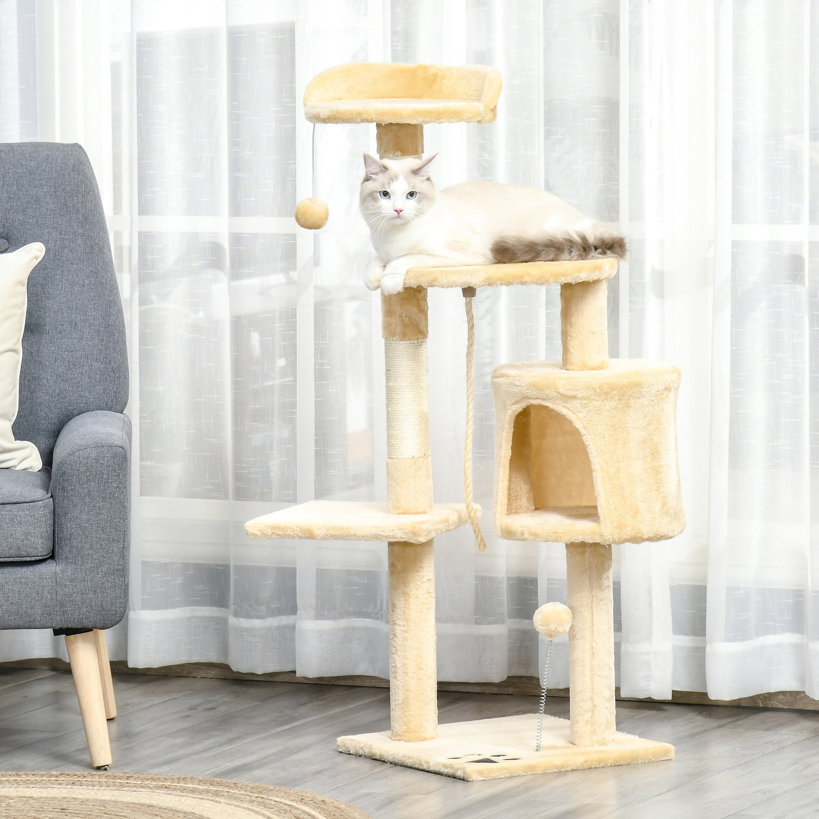 Árvore de gato com plataformas cabines bolas de jogo bege 40x40x114cm