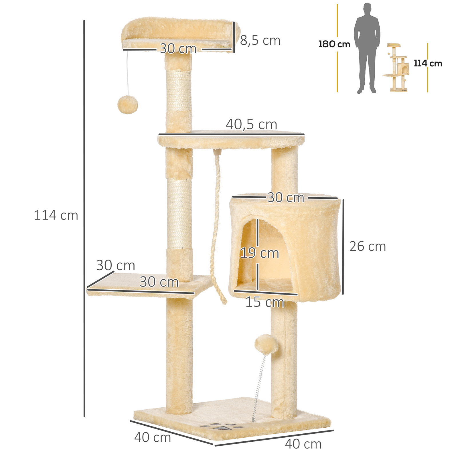 Árvore de gato com plataformas cabines bolas de jogo bege 40x40x114cm