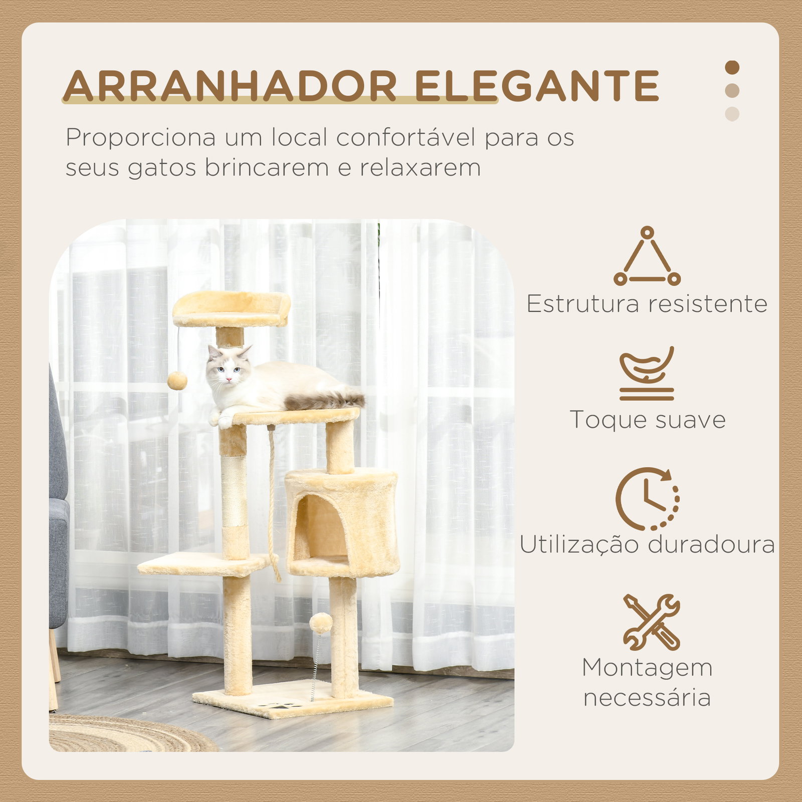 Árvore de gato com plataformas cabines bolas de jogo bege 40x40x114cm