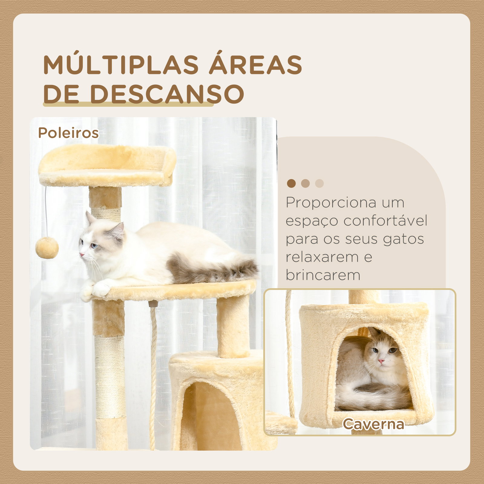 Árvore de gato com plataformas cabines bolas de jogo bege 40x40x114cm