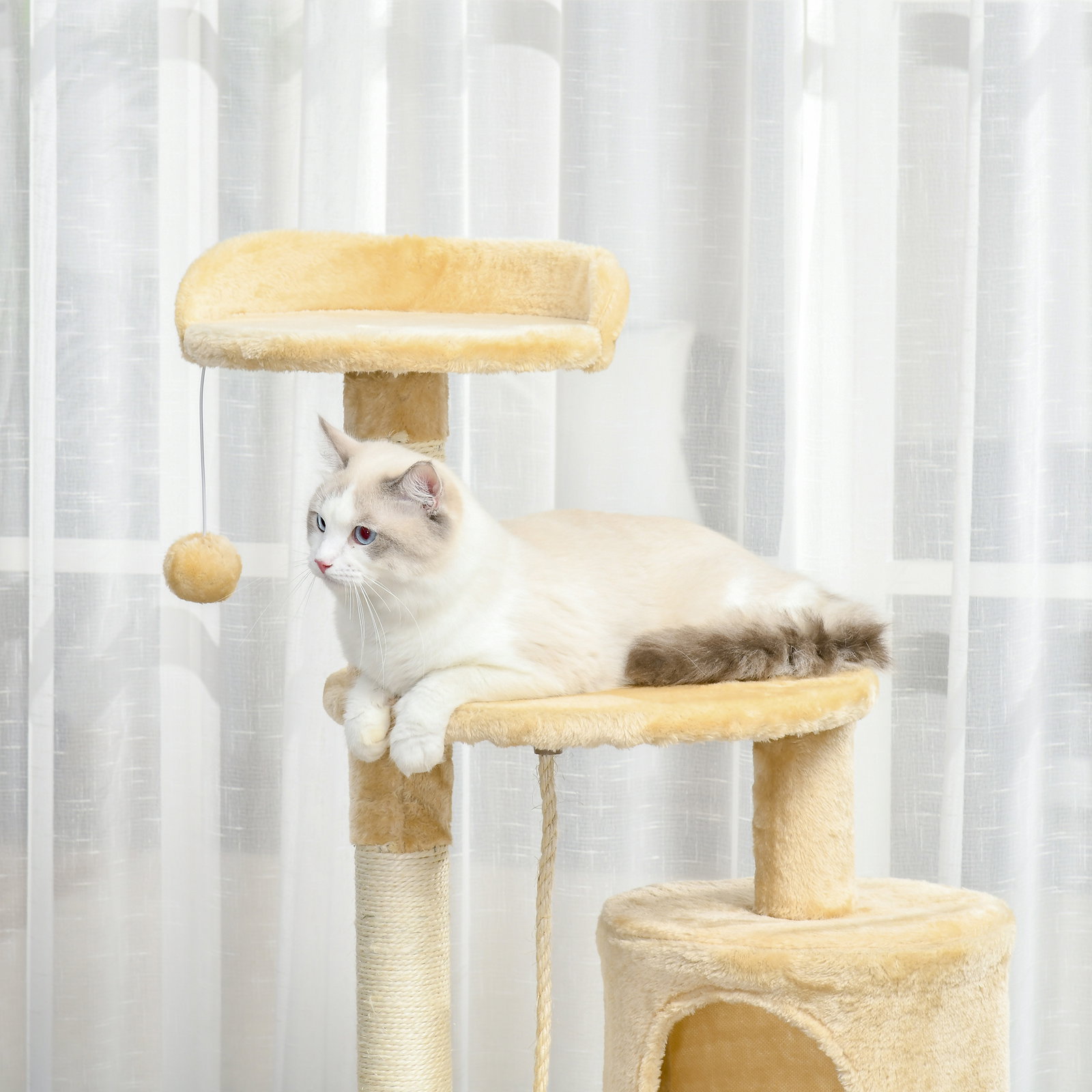 Árvore de gato com plataformas cabines bolas de jogo bege 40x40x114cm