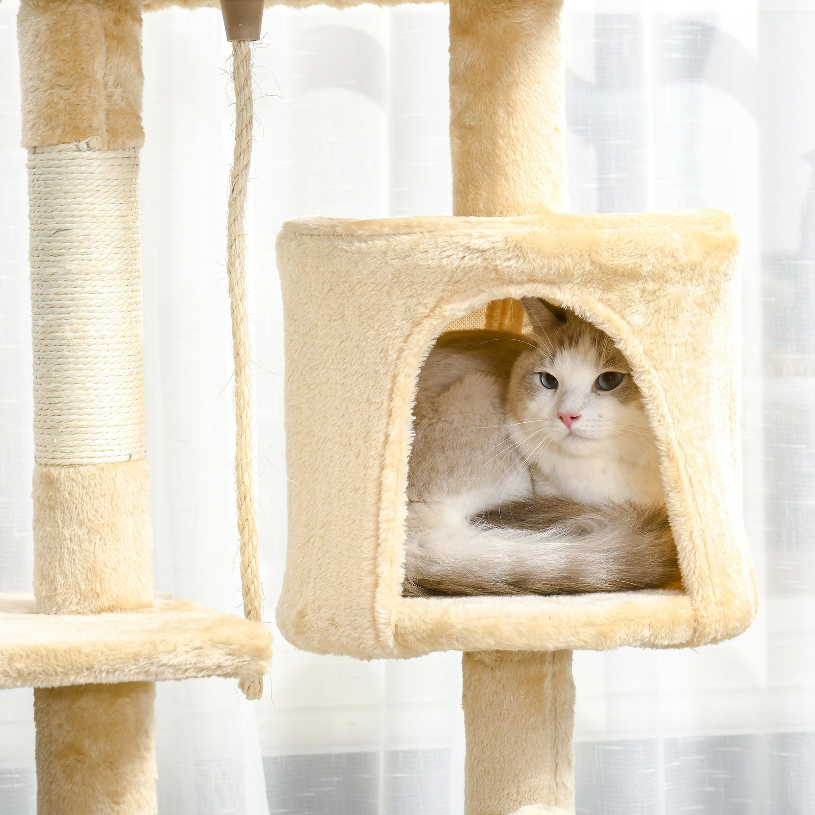 Árvore de gato com plataformas cabines bolas de jogo bege 40x40x114cm